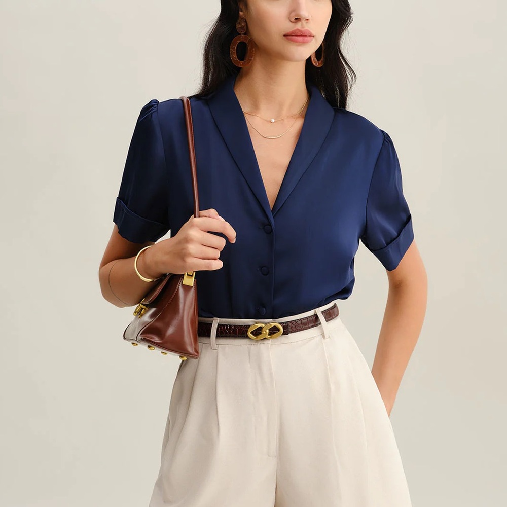Rihoas Navy Satin Button Blouse